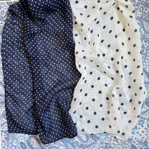CHICO's Scarf Polka Dot Reverse Pattern Navy White Rayon Oblong 72" x 19" - Picture 5 of 8